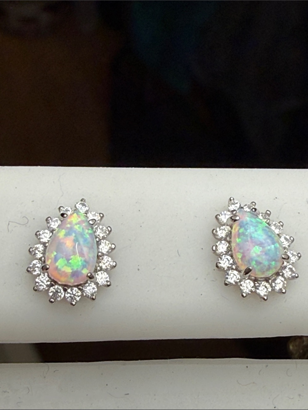 925 Sterling Silver Teardrop Opal Halo Stud Earrings w/Moissanite Diamonds NEW
